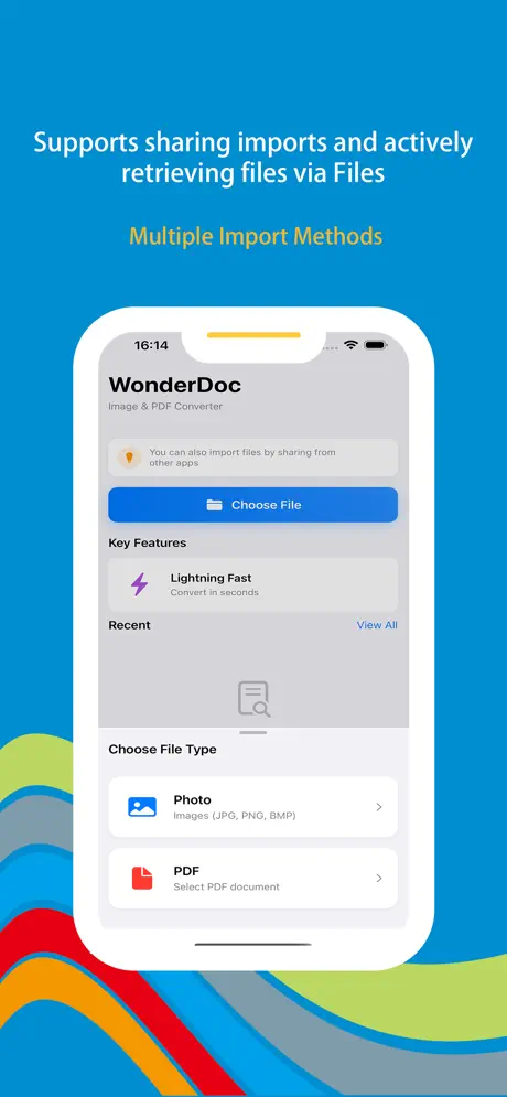 Wonder DOC iOS app screenshot - Professional document conversion tool for PDFs, images, and documents