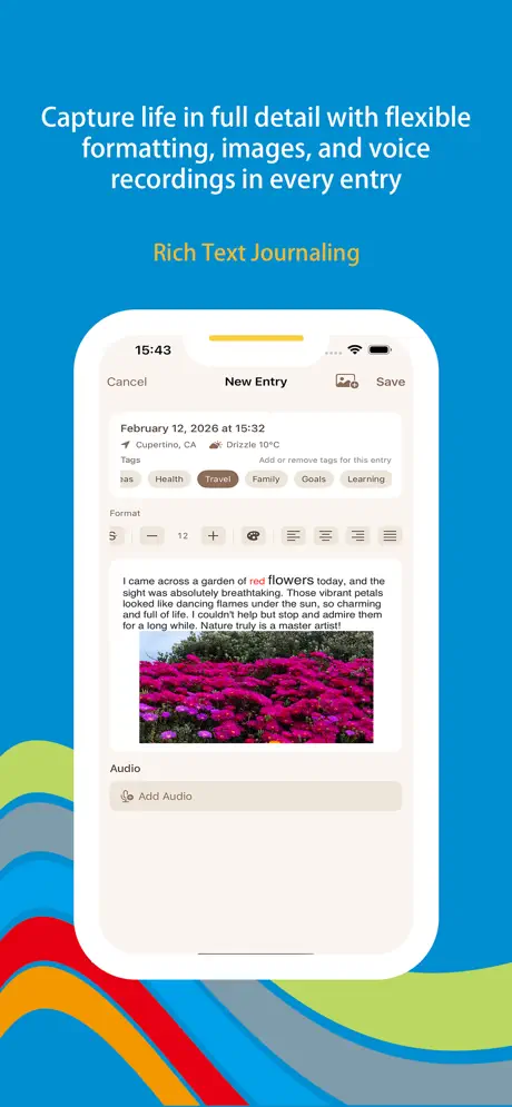 Wonder Journal screenshot 2 - Rich text and formatting for diary entries